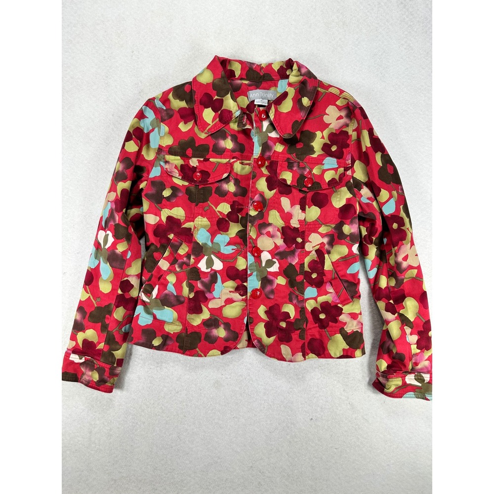 Ann Trinity Womens Red Floral Denim Jacket Button Front Stretch Lined Small S